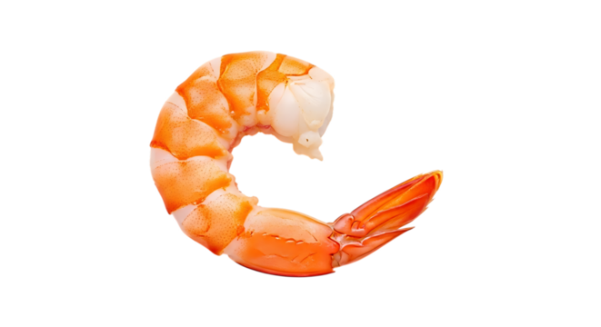 A single cooked shrimp with its tail isolated on transparent background