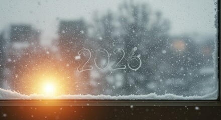 Winter Window View: 2026 Etched in Frost, Snowy Scene, Sunset Glow.