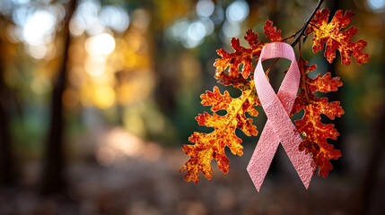 a strand of autumn leaves with a pink ribbon attached to it