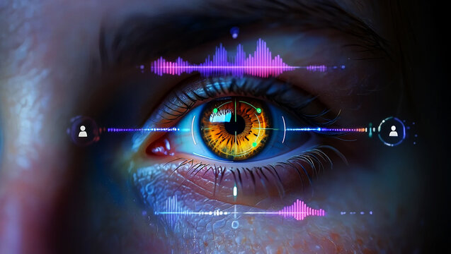 Human eye with futuristic digital interface and audio wave visualizations iris pupil - Powered by Adobe