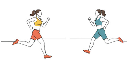 Two women running in mirrored positions depicted in a minimalist line art style