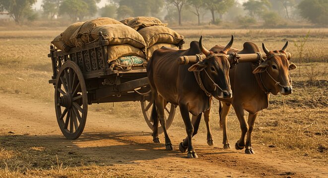 Ox Cart Team Working in Rural Landscape Farming Tradition