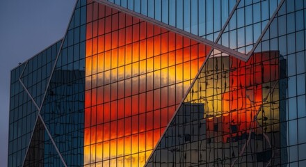 Fiery Sunset Reflection on Modern Glass Building Facade, Geometric Design