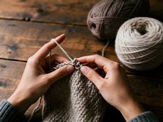 Hands knitting with thick beige wool yarn on rustic wooden table in natural light
