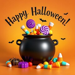 Happy halloween cauldron full of candy and lollipops