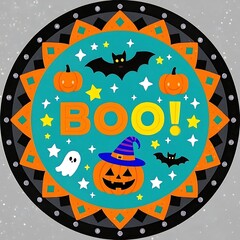Halloween circle with pumpkins, ghost, bats and boo