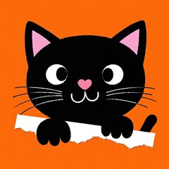 Cute black cat peeking over a torn white paper