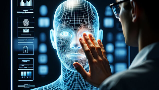Person interacting with glowing digital human face and data wireframe - Powered by Adobe