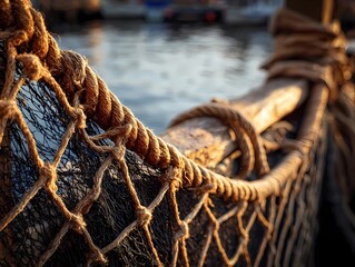 Fishing net close-up showcasing texture and detail at sunset near the harbor