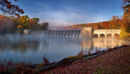 Obraz premium the dam at raccoon creek state park in the morning with a misty fog and fall foliage