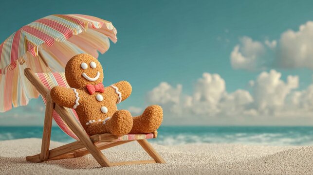 Gingerbread man enjoying a sunny day at the beach near the ocean waves