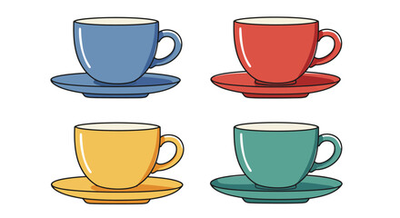 Colorful ceramic cups and saucers arranged in a simple illustrative design