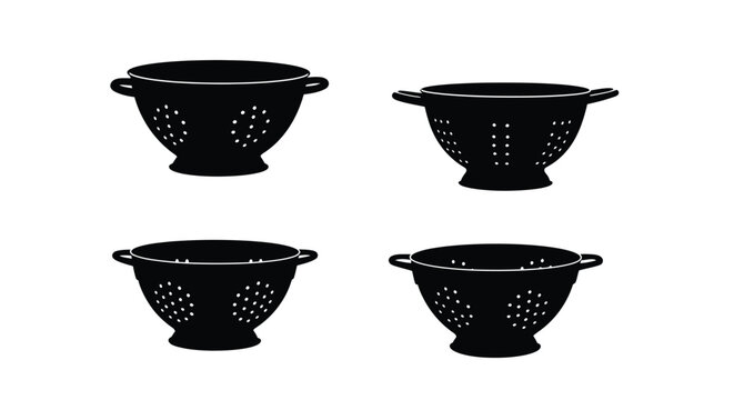 Four black silhouette images of kitchen colanders on a white background