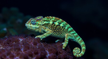 Naklejka premium Vibrant Chameleon Strolling Exotic Textures Nature Wildlife Reptile