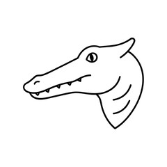 Outlined cartoonish head of a dinosaur with a horn on transparent background