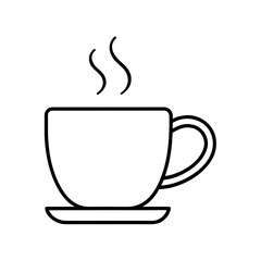 Outline drawing of a cup with steam on a saucer on transparent background