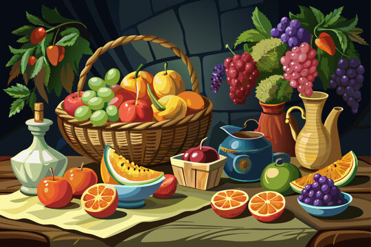 vector of Naturally, we would die for our renaissance-style shoot of light and dark fruits and colorful canastas against a black background and on a rustic table...