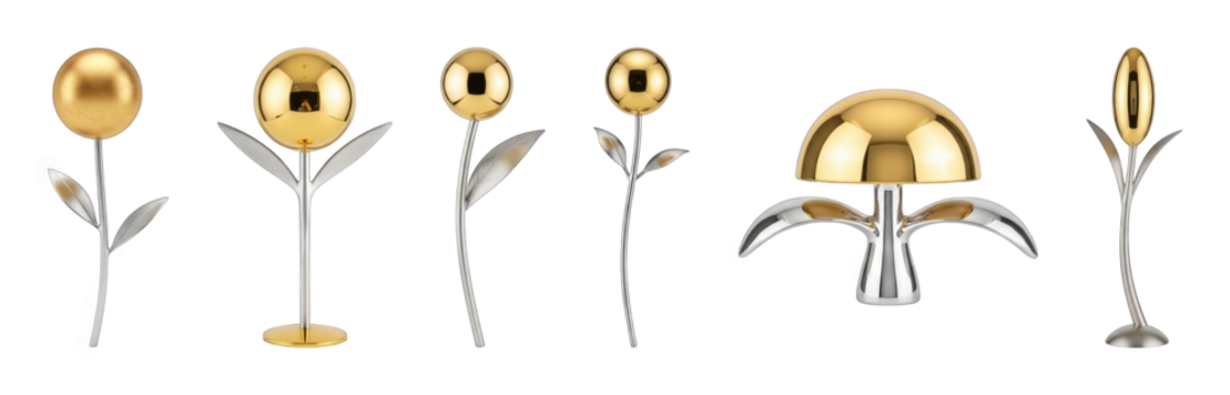 Modern decorative metal objects set including botanical, spherical, and mushroom shapes isolated. Elegant luxury decor collection.