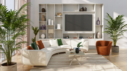 Large luxury modern bright interiors Living room mockup illustration 3D rendering image