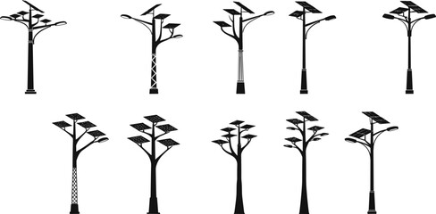 solar, powered, street, lamp, pole, silhouette, renewable, energy, sustainable, lighting, electricity, urban, outdoor, city, infrastructure, design, vector, illustration, eco, green, technology
