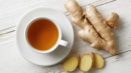 Fresh ginger root with sliced pieces on a rustic wooden background