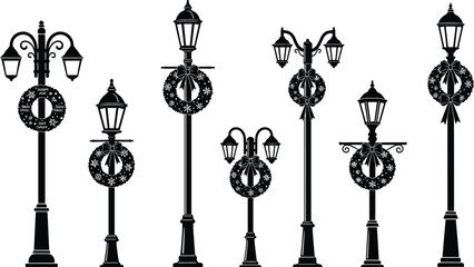 street, lamp, festive, holiday, wreath, decorative, ornate, lantern, pole, silhouette, urban, outdoor, city, architecture, design, vector, illustration, public, lighting, seasonal, celebration