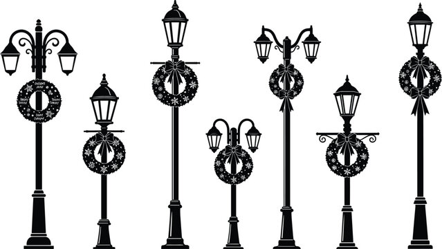 street, lamp, festive, holiday, wreath, decorative, ornate, lantern, pole, silhouette, urban, outdoor, city, architecture, design, vector, illustration, public, lighting, seasonal, celebration