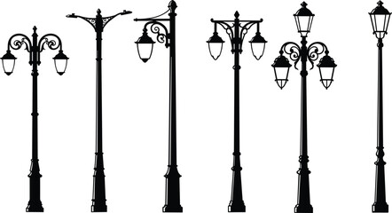 street, lamp, vintage, ornate, decorative, lantern, pole, silhouette, scrollwork, finial, urban, outdoor, city, architecture, design, vector, illustration, public, lighting, infrastructure, scenery