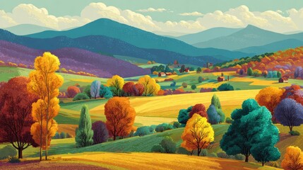 Digital illustration of an autumn countryside landscape with golden fields