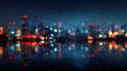 Raindrops on a window with blurred colorful city lights and traffic