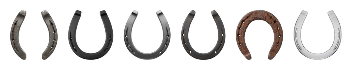 Horseshoe set including rusty, steel, and aluminum variants isolated. Equestrian equipment and luck symbolism.