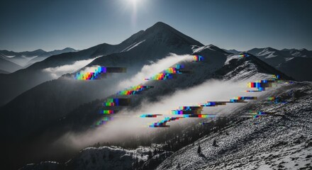 Glitchy Mountain Landscape: Surreal Peaks, Digital Distortion, Atmospheric, Dramatic.