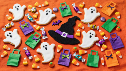 Obraz premium Halloween Flatlay Advertisement Orange Fabric Spooky Cookies Candy Corn Witch Hat Trick or Treat Bags