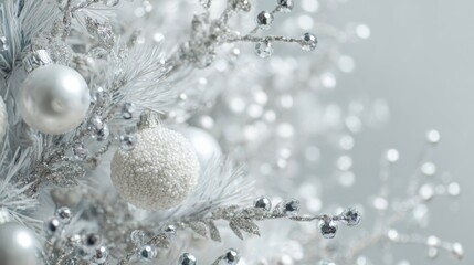 Elegant white Christmas tree decorated with silver ornaments