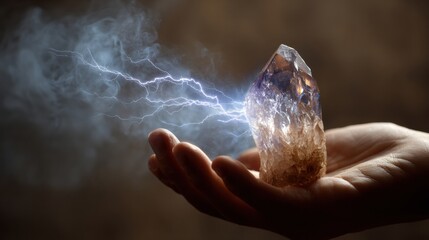 glowing quartz crystal cluster held in a hand