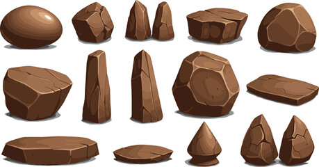 A detailed illustration set of various brown cartoon rocks, stones, and boulders. Perfect as isolated game assets for creating natural landscapes
