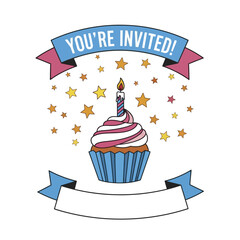 Hand drawn birthday invitation with cupcake and banners.