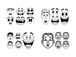 Obraz premium Vintage rubber hose cartoon faces collection, retro 1930s animation style character expressions, black and white comic mascot head set