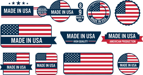 Made in USA Quality Labels and Badges with American Flag Elements Representing American Manufacturing and Products