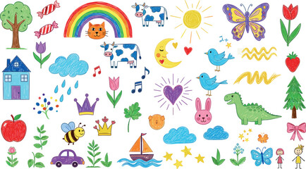 A whimsical collection of colorful children's crayon drawings, featuring cute doodles of animals, nature, and simple everyday objects