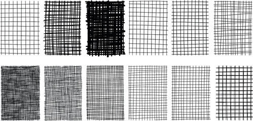 Assortment of hand-drawn hatching and cross-hatching textures. A versatile set of rough sketch grid patterns for creative projects