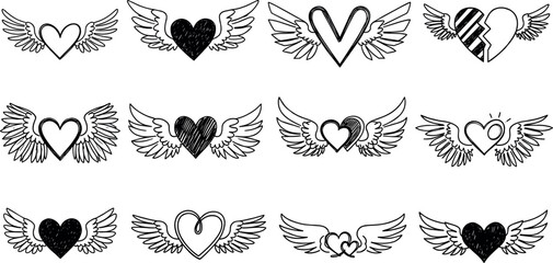 Collection of Hand-Drawn Winged Hearts, Ideal for Valentine's Day and Romantic Designs