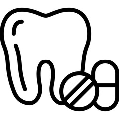 Black outline icon of a large tooth next to two pills one round and one capsule shaped with a prohibition sign on the round pill symbolizing dental medication or treatment on a transparent background