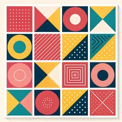 Colorful geometric pattern of squares with abstract shapes and textures