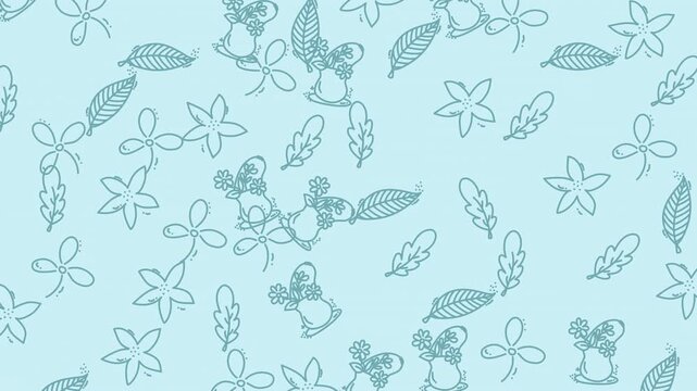 Charming pattern with light blue background featuring leaves, flowers, and koalas, ideal for naturethemed designs like stationery or textiles.