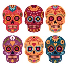 Six colorful dia de los muertos sugar skulls with intricate patterns