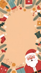 Fototapeta premium A cute cartoon Santa Claus and snowman with gifts and a winter tree set for a Christmas holiday greeting card illustration