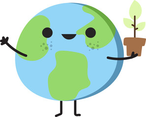 Earth Cartoon Character with Potted Seedling. Happy Earth Day Vector illustration.