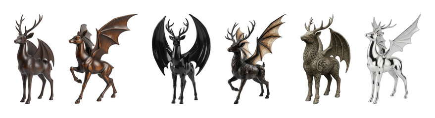 Winged deer set including wooden, bronze, black, metallic, stone, and silver variations isolated. Mythical creatures and fantasy art collection.