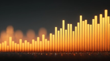 Close-up 3D visualization of a rising bar chart with a glowing orange texture, representing business analytics, data flow, and financial success